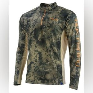 Huk Icon X Camo 1/4 Zip Shirt Mens Size Large Green Tan
